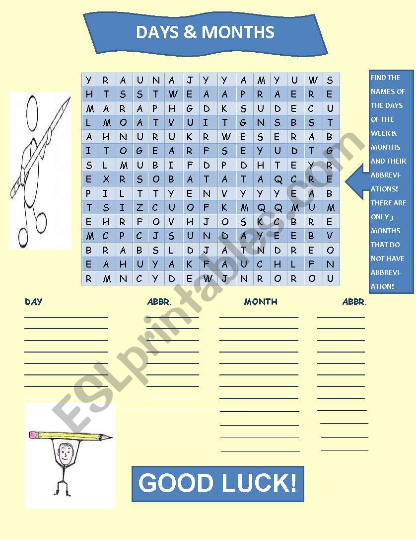 Days of the Week & Months Wordsearch