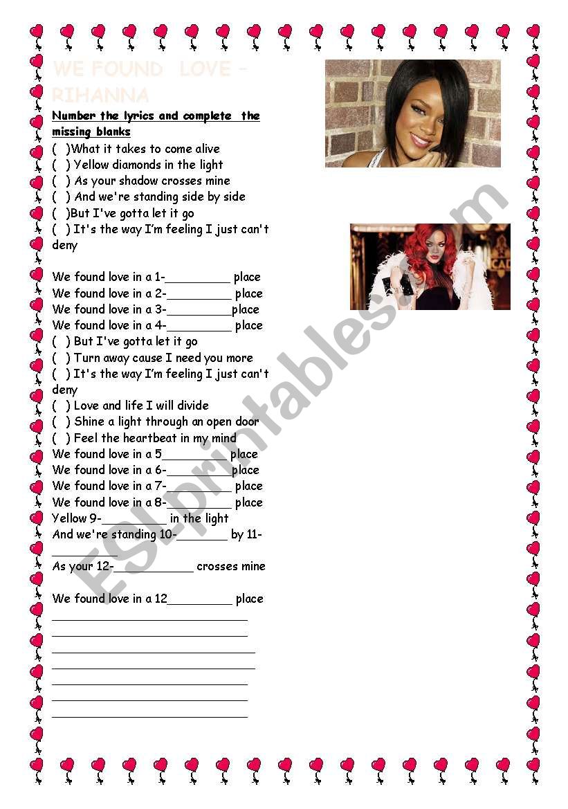 SONG WE FOUND LOVE worksheet