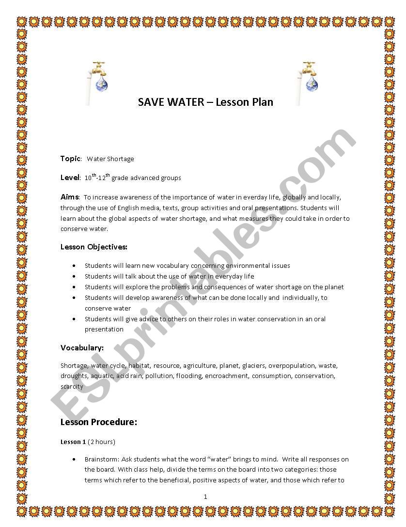 Save water -  lesson plan worksheet