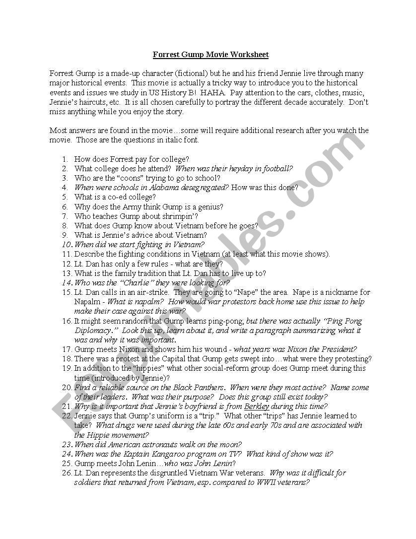 Forrest Gump Movie Worksheet worksheet