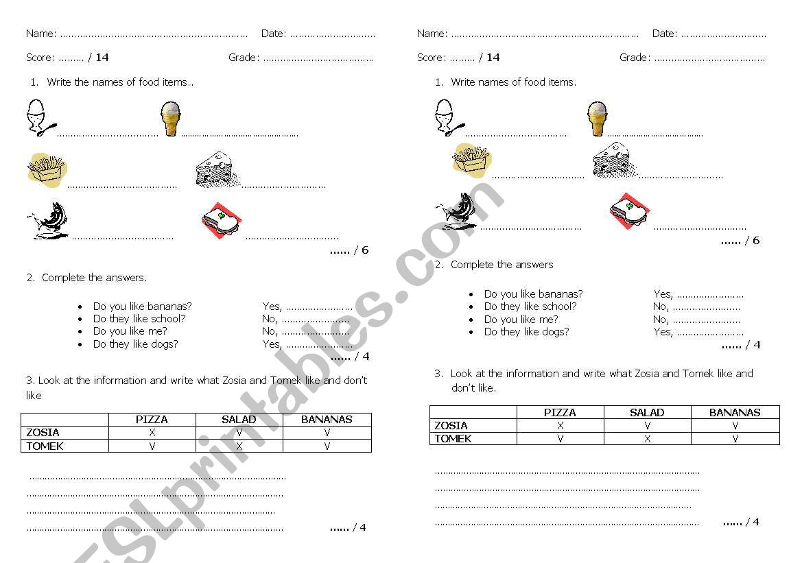 Food worksheet