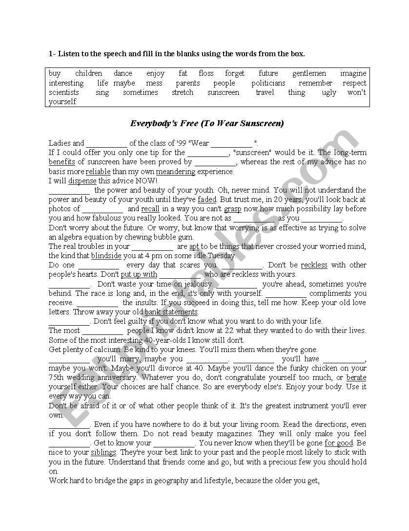 Sunscreen worksheet