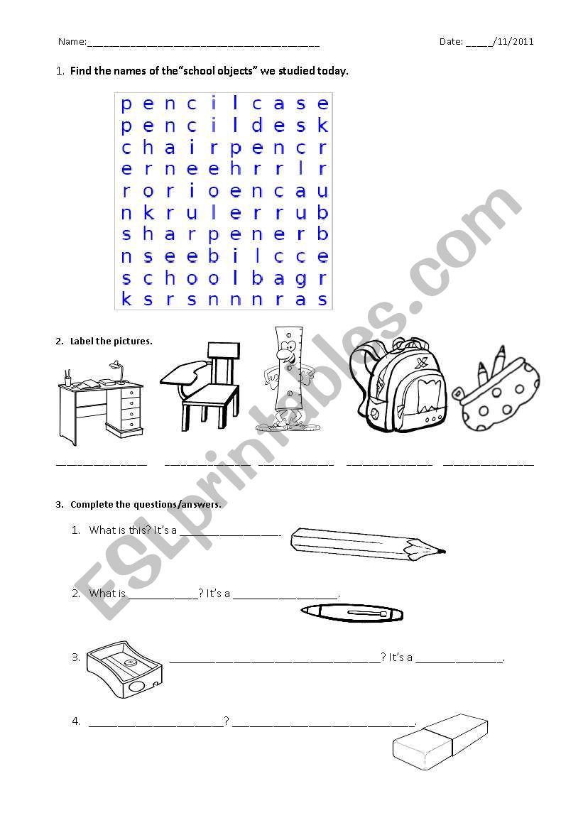 School objects worksheet