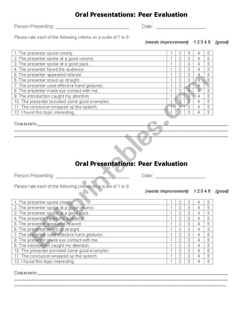 Peer Rating Form for Oral Presentations