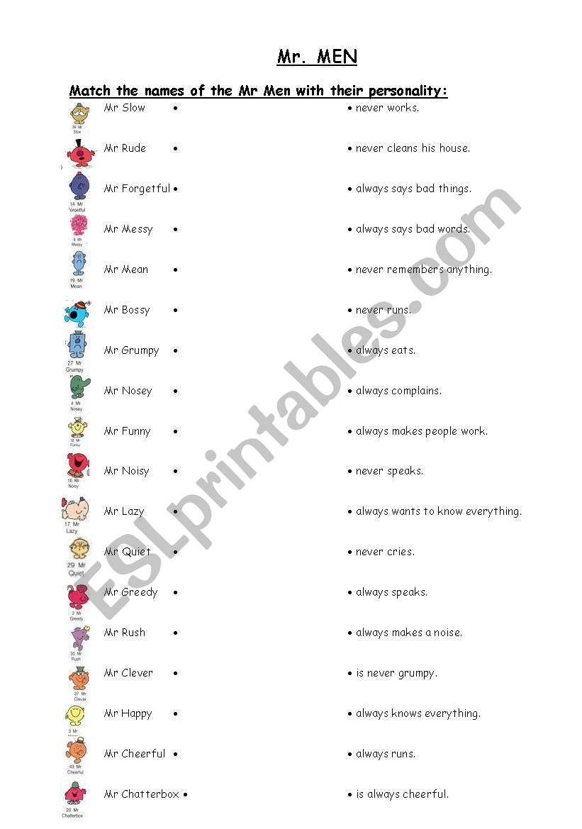 Mr Men and Little Misses worksheet