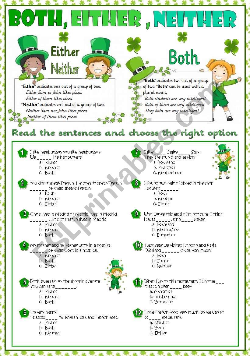Both Either Neither ESL Worksheet By Esther1976