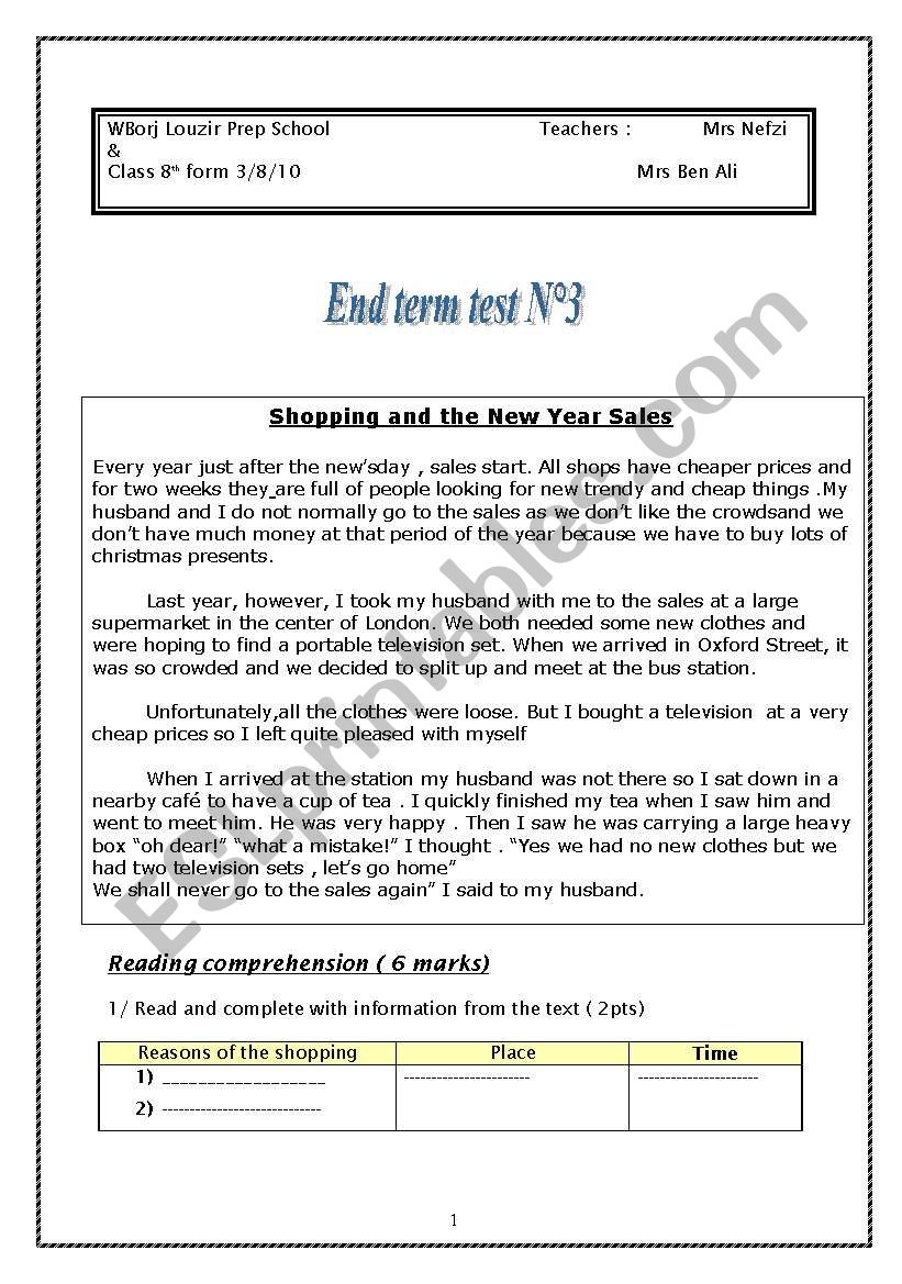 end term test  worksheet