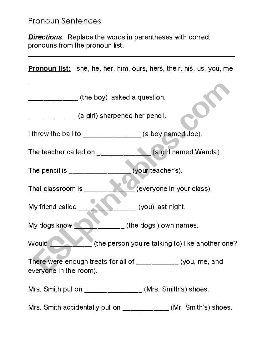 Pronoun Worksheet worksheet