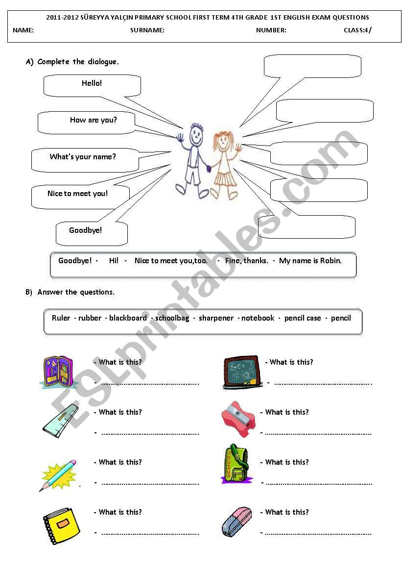 first exam for 4th grade worksheet
