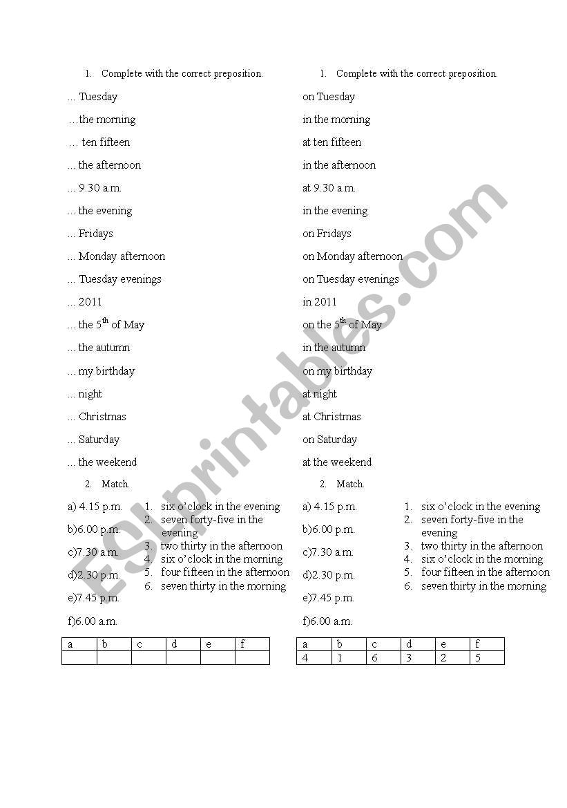 prepositions of time worksheet