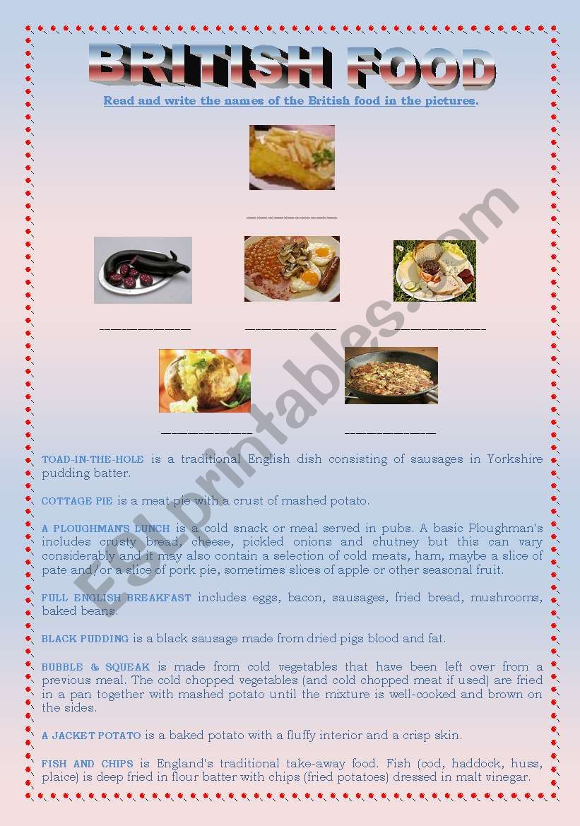 British food worksheet