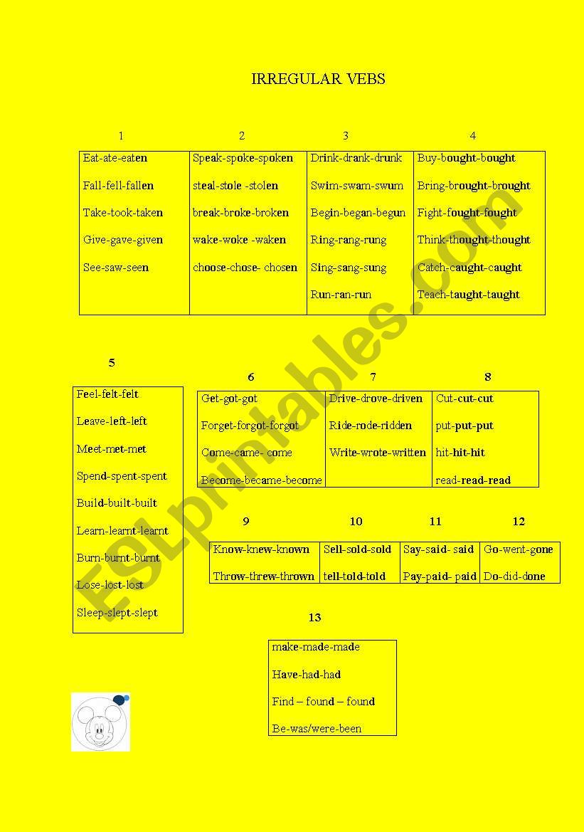 irregular verbs worksheet