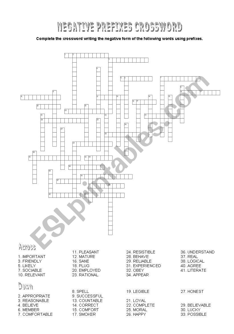 NEGATIVE PREFIXES CROSSWORD worksheet