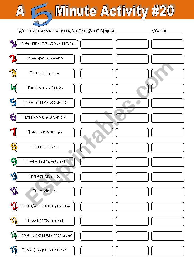 A 5 Minute Activity #20 worksheet