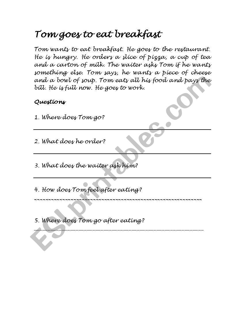 tom goes to eat breakfast worksheet