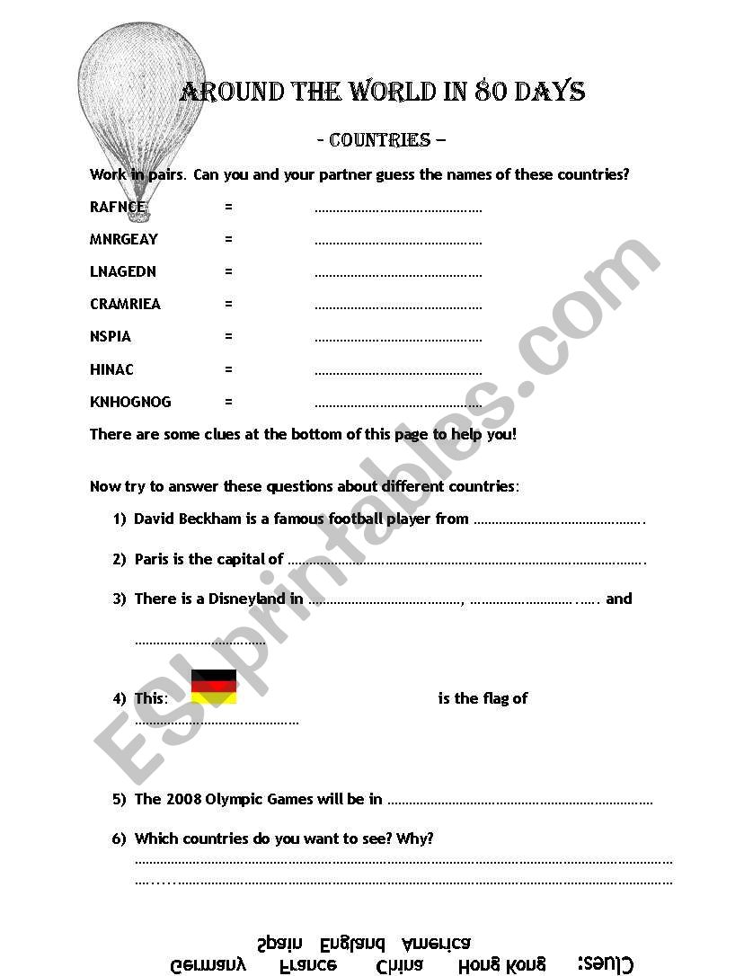 Around The World in 80 Days  - countries worksheet