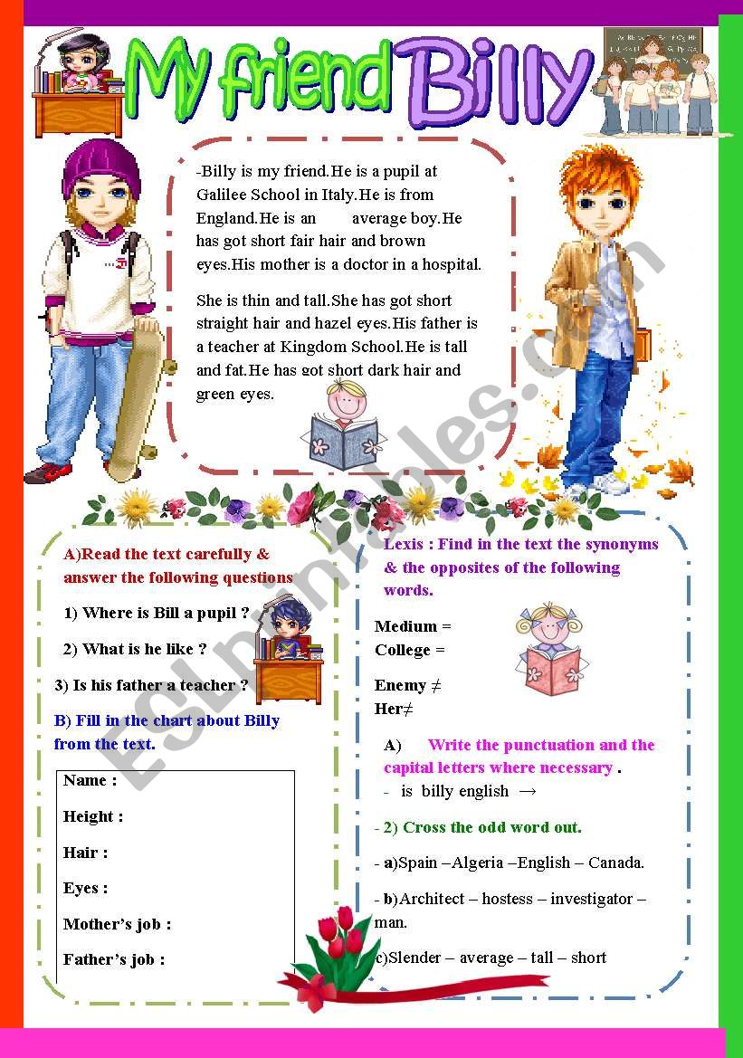 My friend Billy worksheet