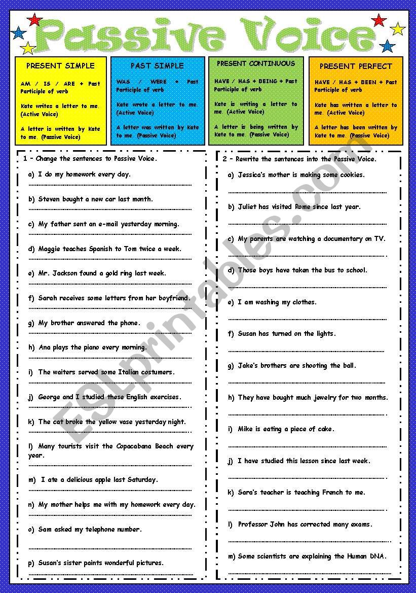 PASSIVE VOICE (using BY) - PRESENT SIMPLE / PAST SIMPLE / PRESENT CONTINUOUS / PRESENT PERFECT