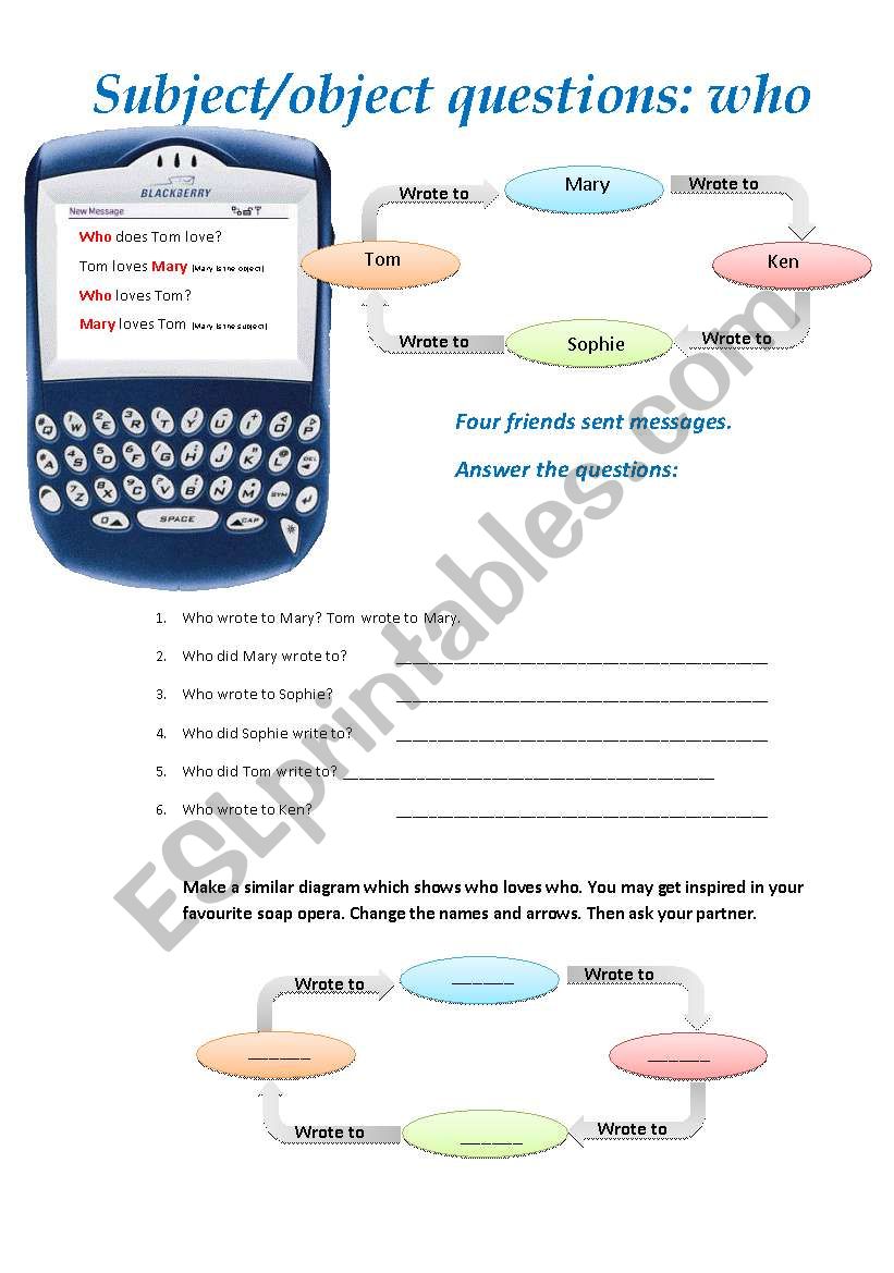 subject object questions who worksheet