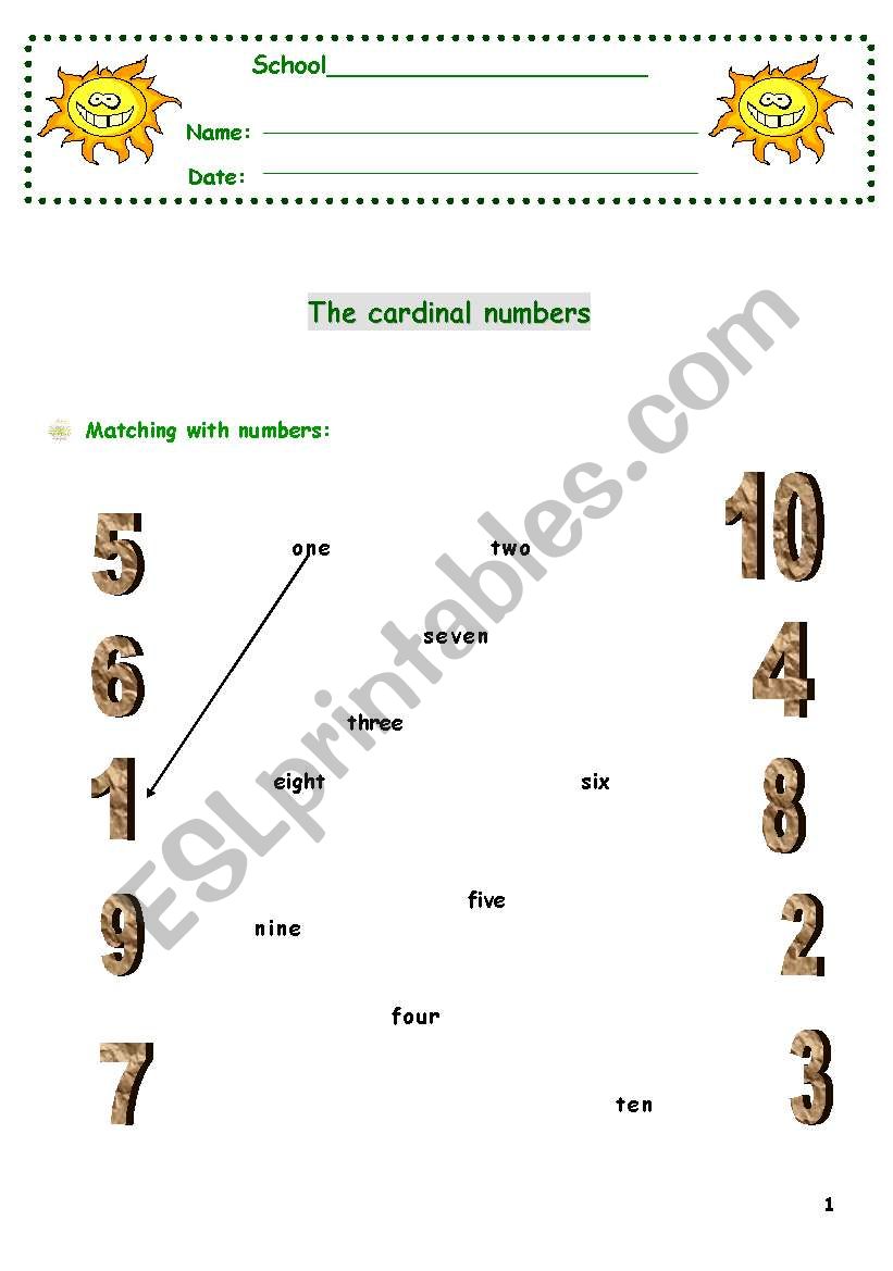 Cardinal numbers 0-10 worksheet