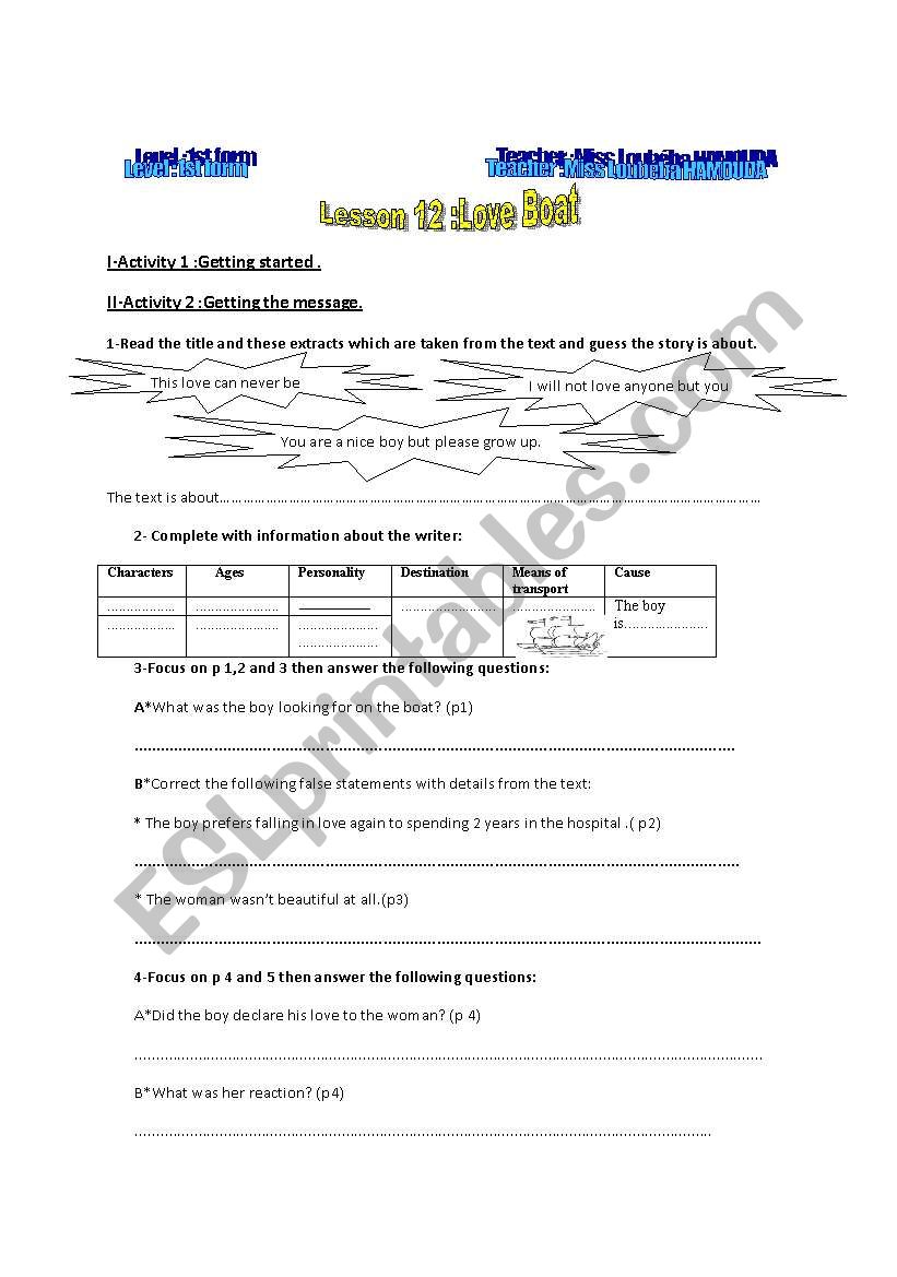 love boat worksheet