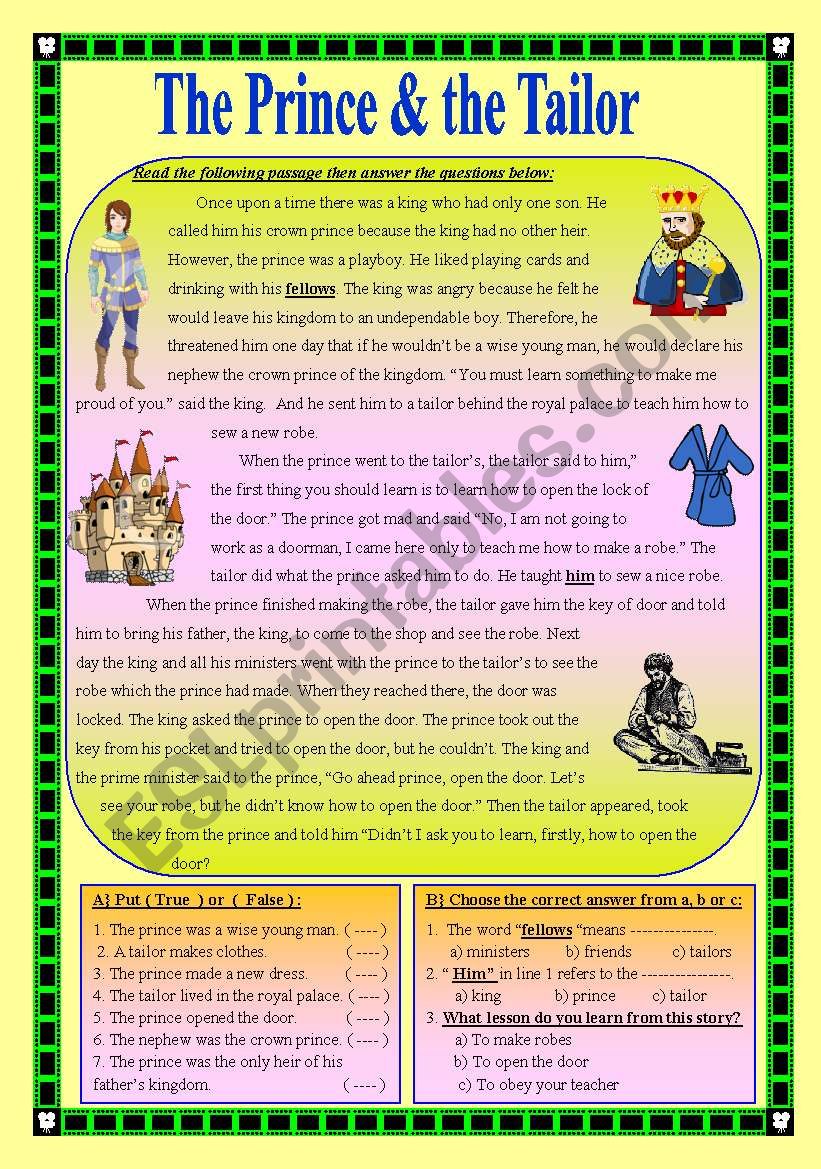 The Prince and the Tailor worksheet