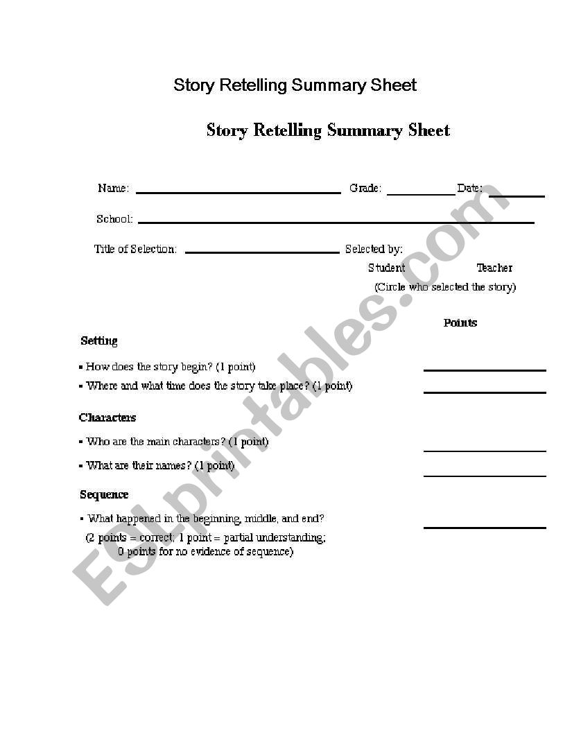 Story Retelling Form worksheet