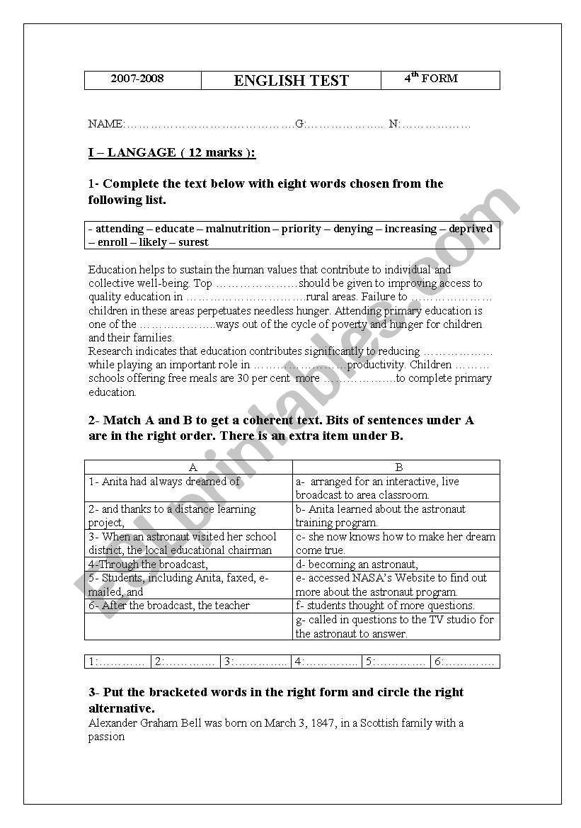 4th form test 2 worksheet