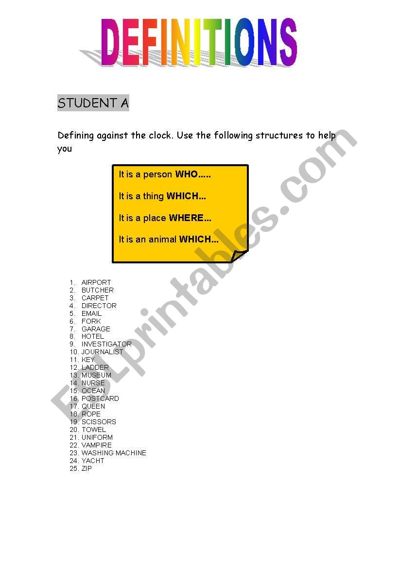 DEFINITIONS worksheet