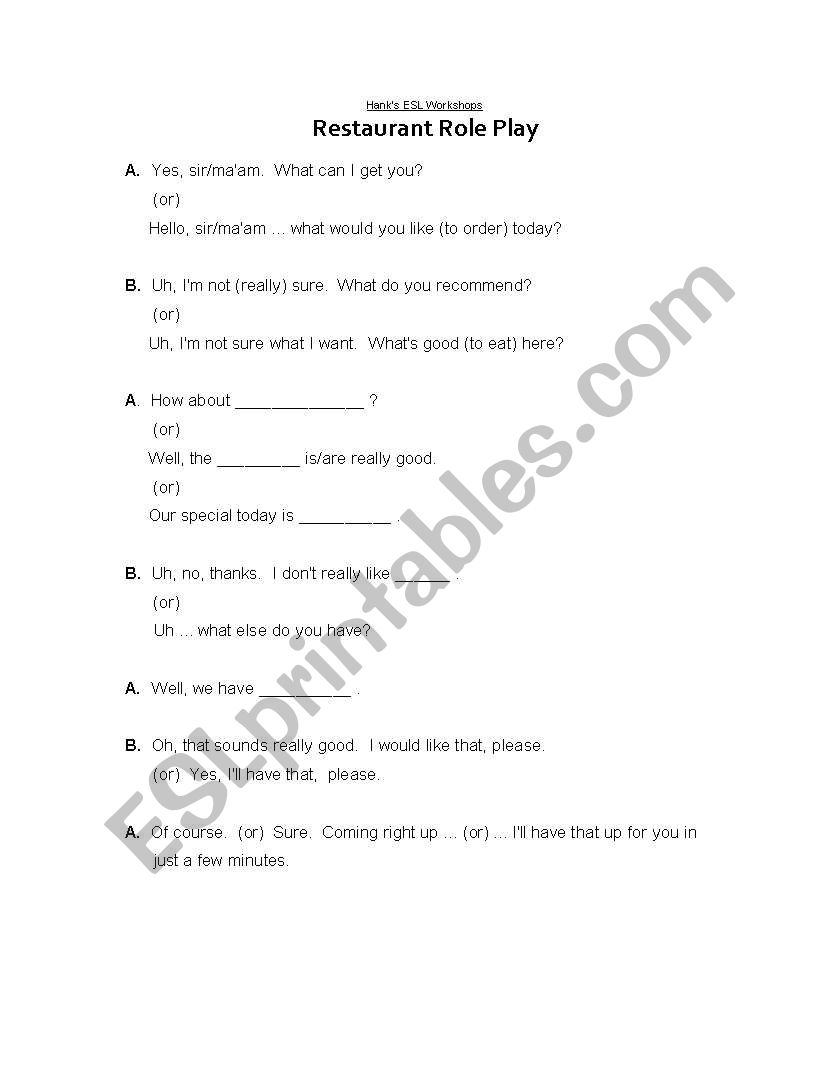 Restaurant Role Play worksheet