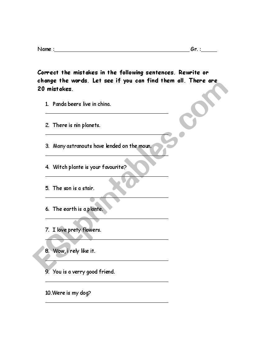 Find the mistakes worksheet