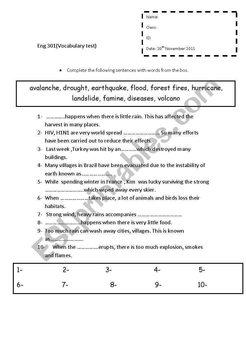Vocabualry test  worksheet