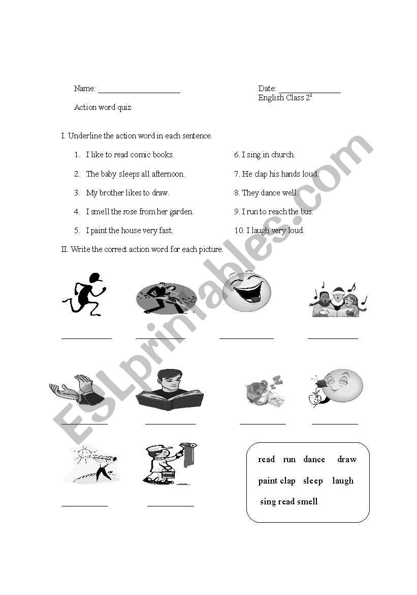 Action words quiz worksheet