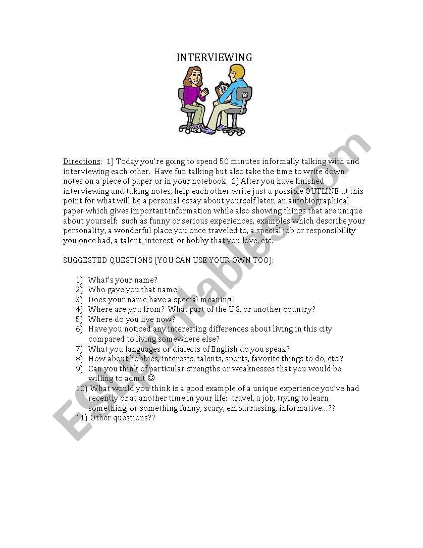 Interviewing & Bio-Writing worksheet