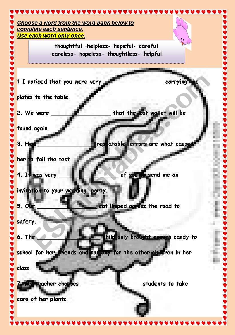 Suffixes ful & less worksheet