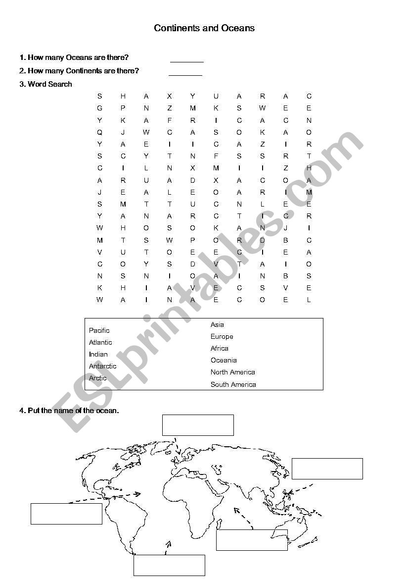Continents and Oceans worksheet