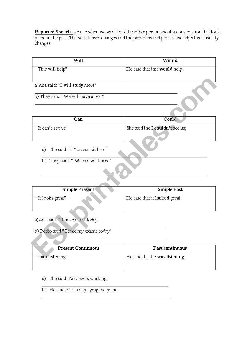 Reported speech worksheet