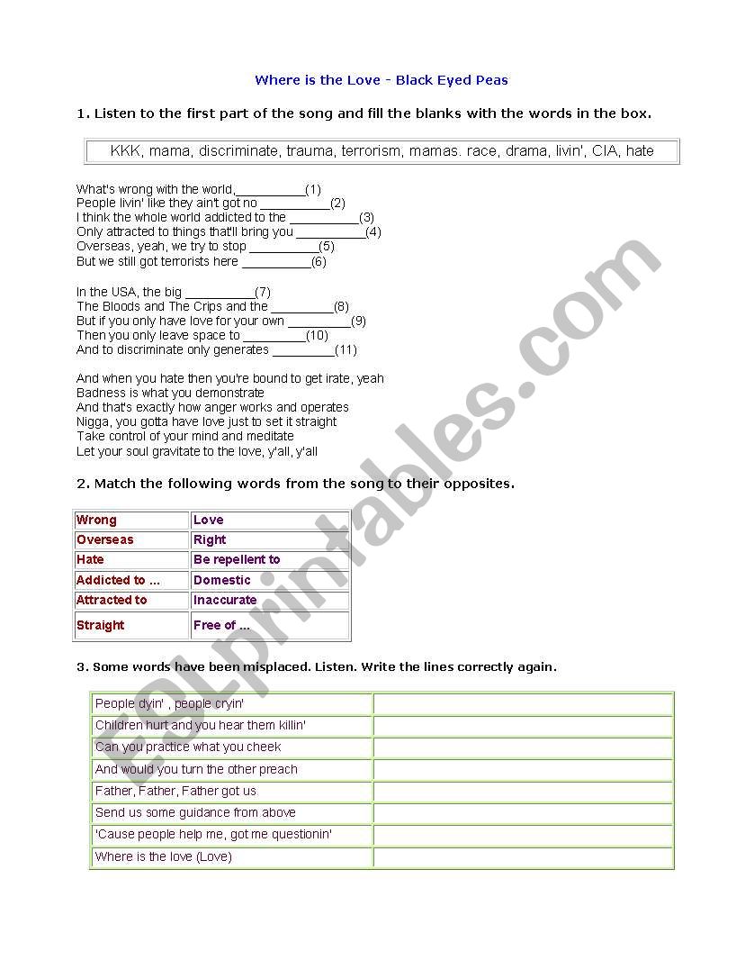 Where is the love? worksheet
