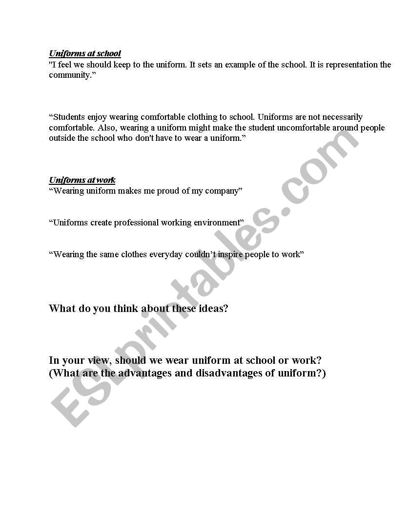 Uniforms worksheet