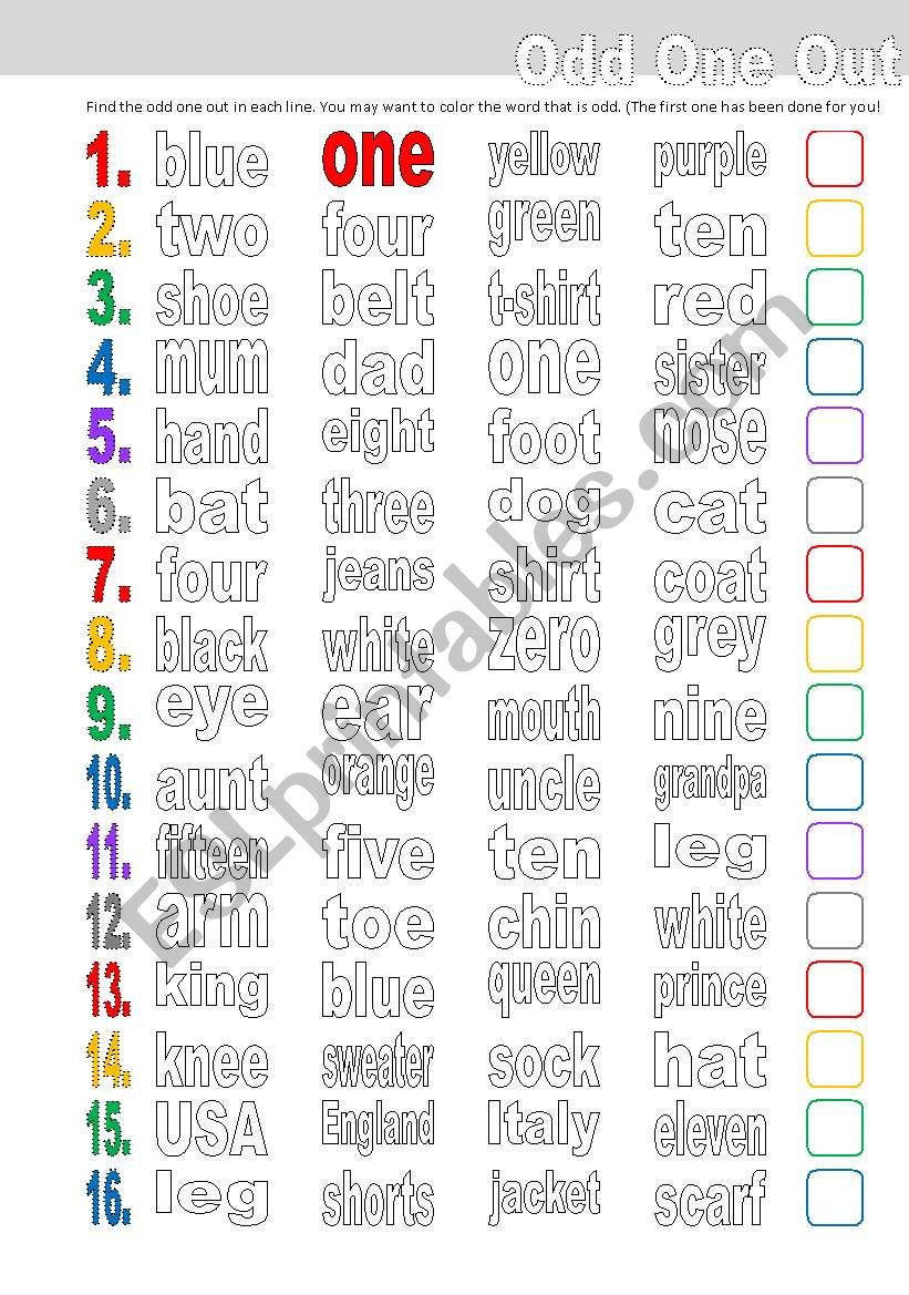 Odd One Out for Beginners worksheet