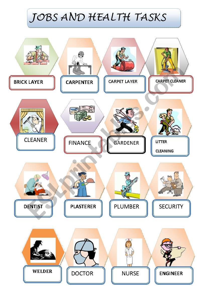 jobs vs health tasks - pictionary + gap filling exercise