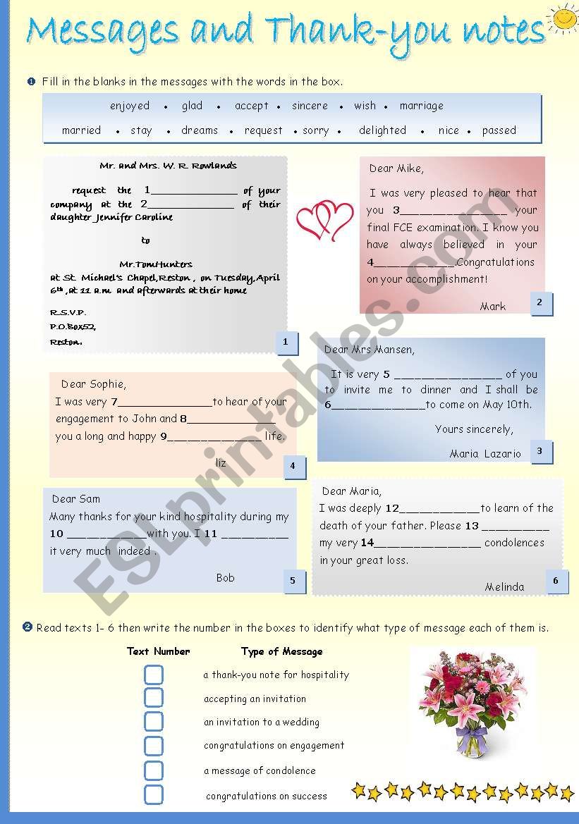 Messages and Thank -you notes worksheet