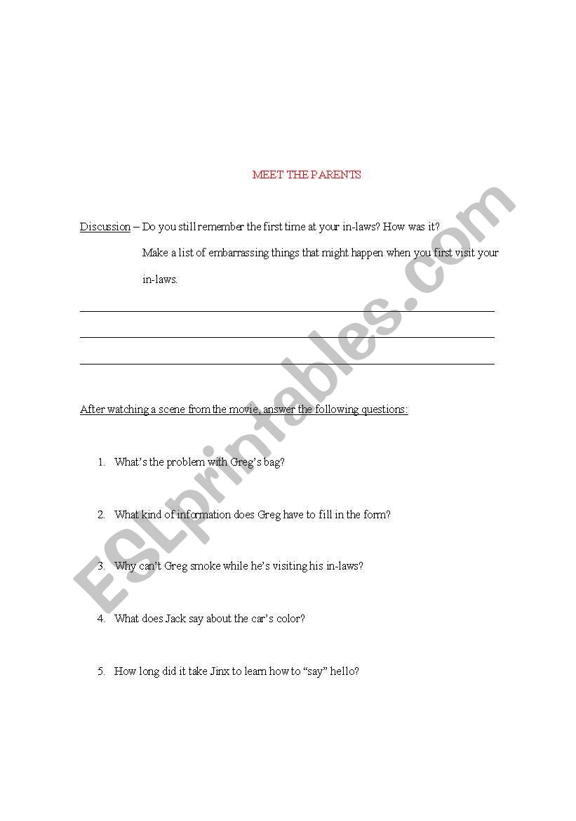 Meet the parents worksheet