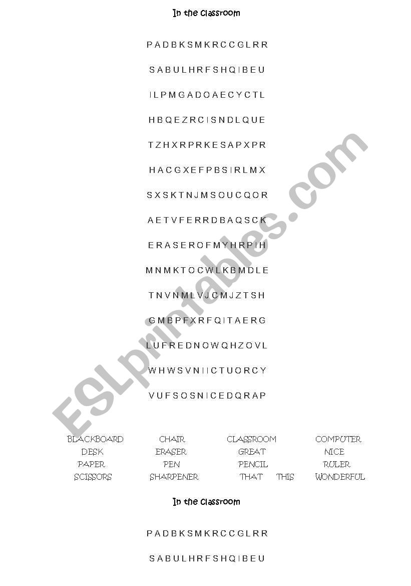In the classroom wordsearch worksheet