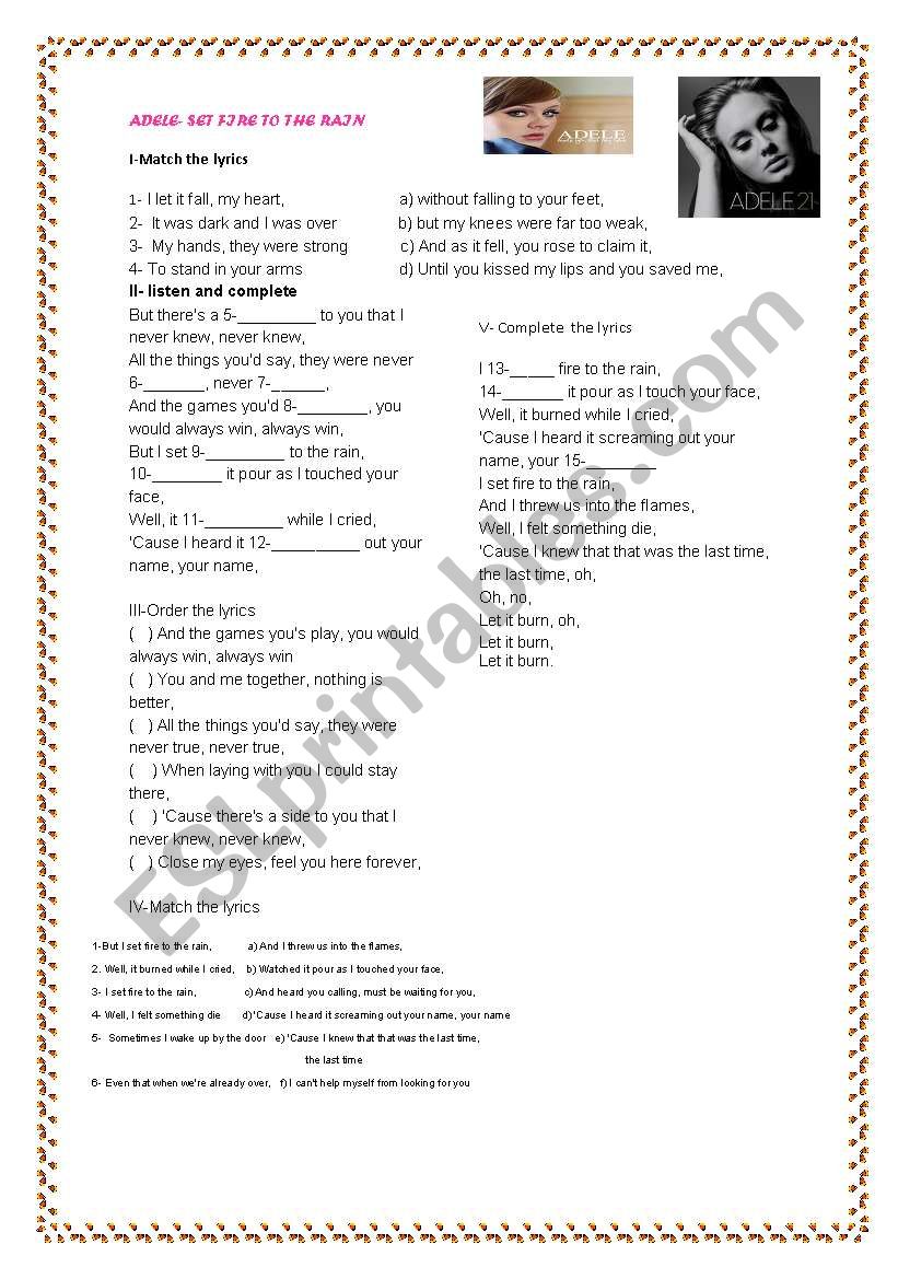 SET FIRE TO THE RAIN- SONG worksheet