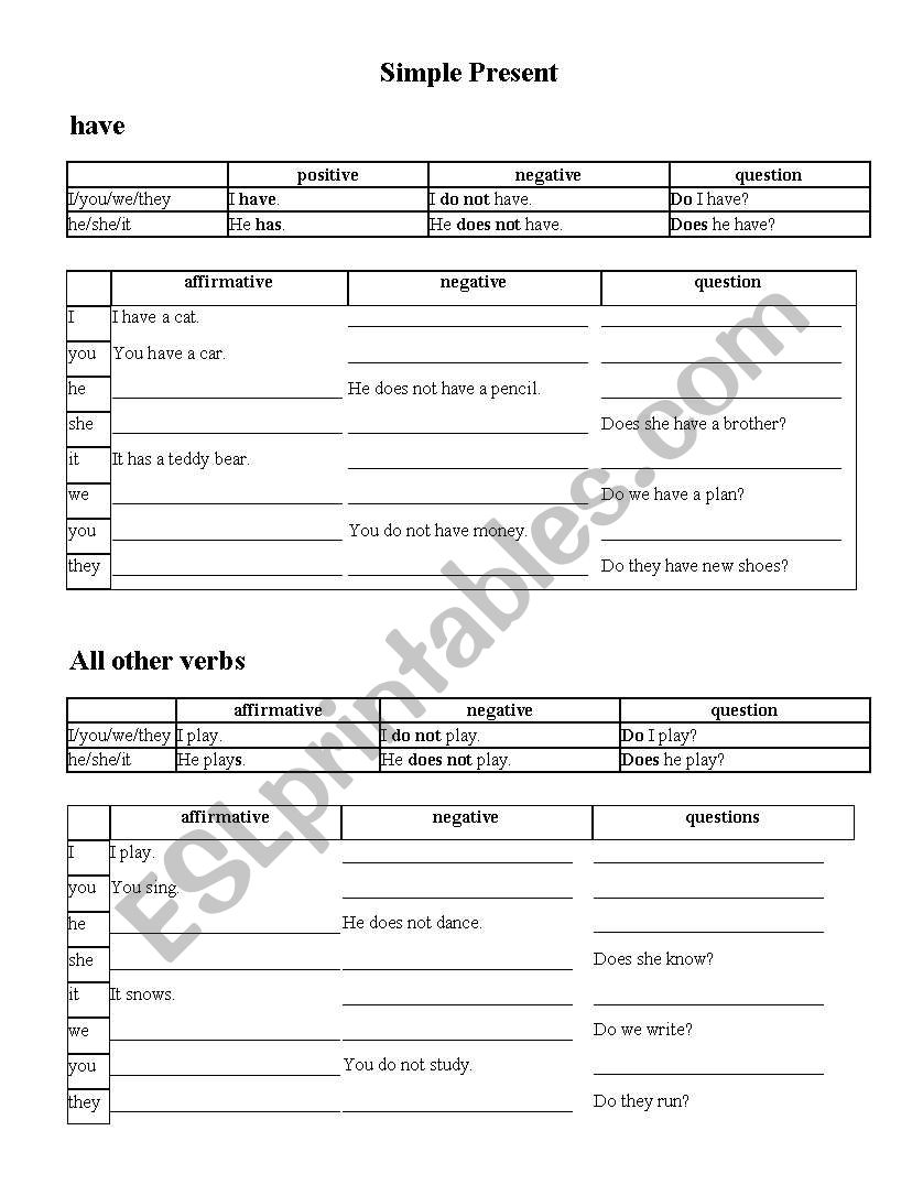 Simple present - do/have worksheet