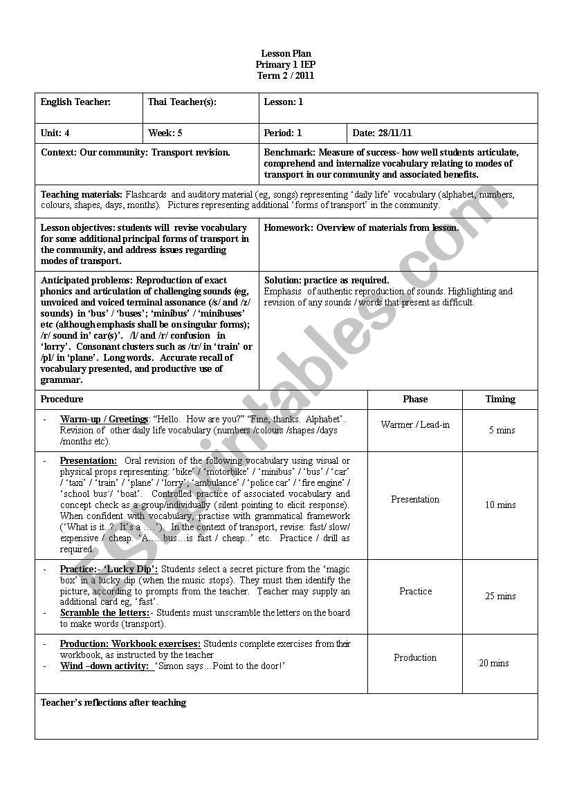 Transportation worksheet