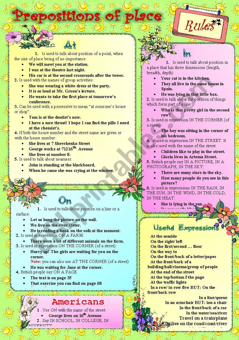 PREPOSITIONS OF PLACE***RULES worksheet