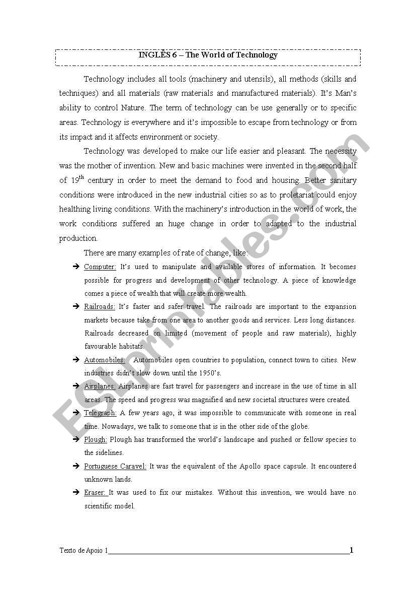 The World Of Technology worksheet