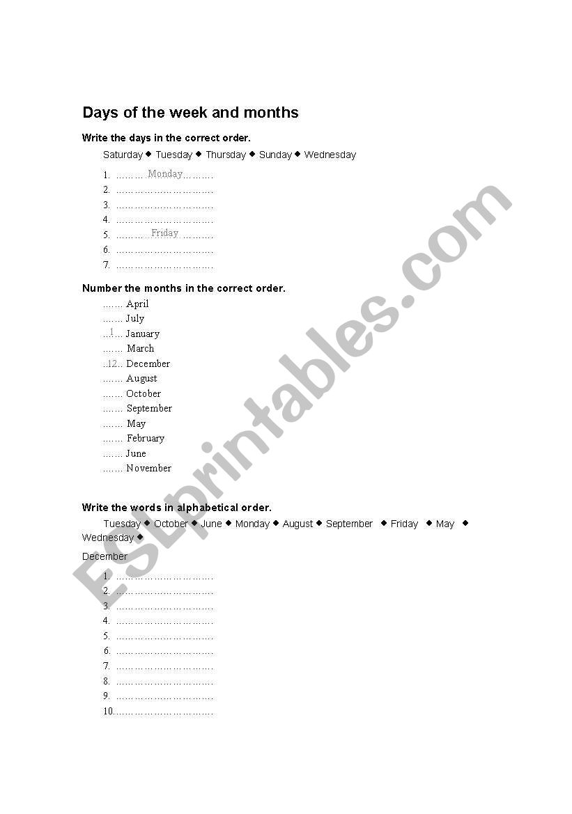 Days of the weeks and months worksheet